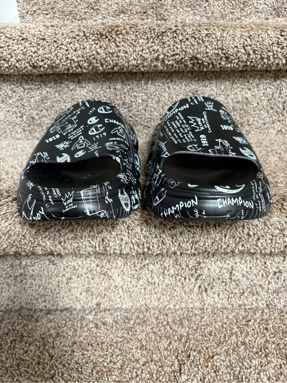 Champion Men’s Black Platform Slides with White Graphic Logo Print